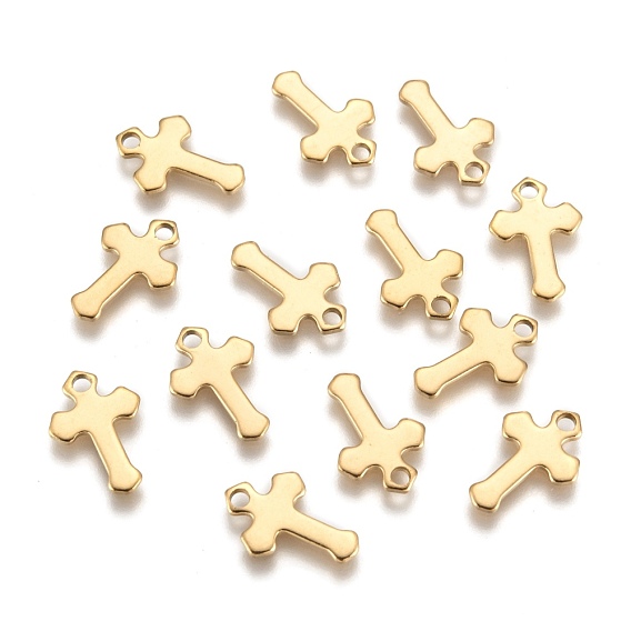 Ion Plating(IP) 304 Stainless Steel Tiny Cross Charms, 15x10x1mm, Hole: 2mm
