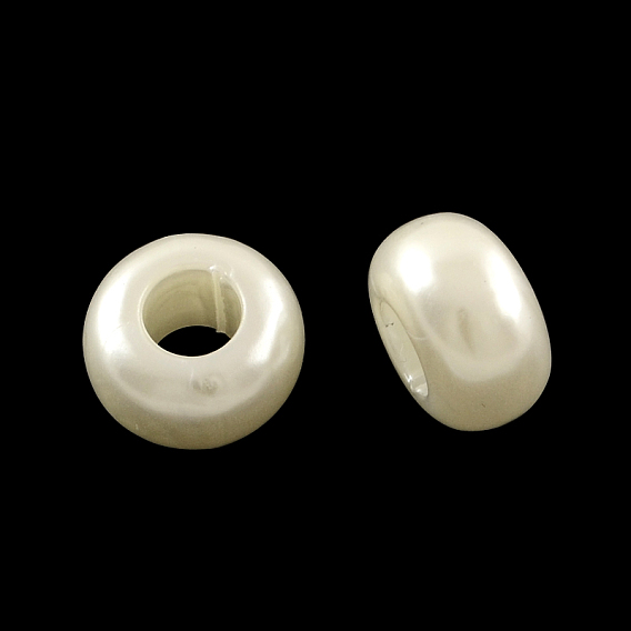 Abs plastique imitation perle rondelle grand trou perles européen, 12x7mm, trou: 5 mm, environ 980 pcs / 500 g