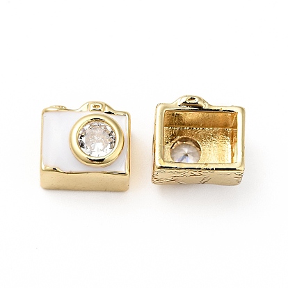 Rack Plating Brass Clear Micro Pave Cubic Zirconia Beads, with White Enamel, Cadmium Free & Lead Free, Camera