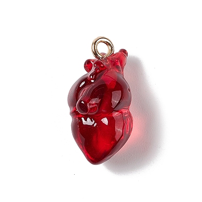 Transparent Resin Pendants, Anatomical Heart Charms, with Golden Plated Iron Loops