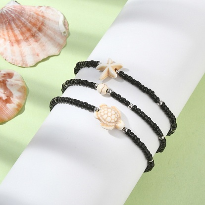 3 pcs 3 ensemble de bracelets extensibles en perles de verre et turquoise synthétique de style, ronde, étoile de mer et tortue