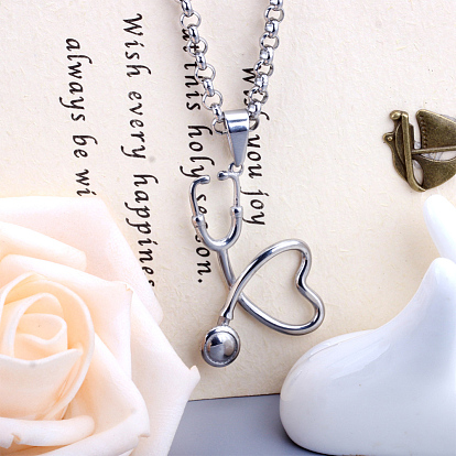 SHEGRACE Stainless Steel Pendant Necklaces, with Lobster Claw Clasps and Rolo Chains, Stethoscope