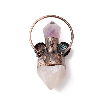 Natural Quartz Crystal Big Pendants, with Natural Amethyst and Red Copper Tone Brass Findings, Flower Bullet Shapes, Cadmium Free & Lead Free
