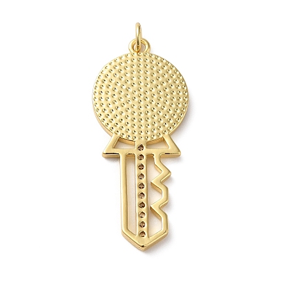 Rack Plating Brass Pave Cubic Zirconia Enamel Pendants, with Jump Ring, Lead Free & Cadmium Free, Real 18K Gold Plated, Long-Lasting Plated, Key with Word Good Luck Charm