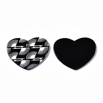 3 d pendentifs en acrylique imprimés, noir et blanc, coeur avec motif éventail