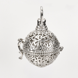 Brass Cage Pendants, For Chime Ball Pendant Necklaces Making, Hollow, Round with Flower