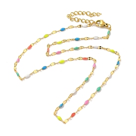 304 Stainless Steel Dapped Chains Necklaces, Colorful Enamel Oval Link Chain Necklace