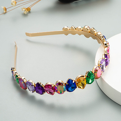 Random Color Glass Rhinestone Hair Bands, Golden Tone Iron Hair Accessories for Women Girls, Colorful