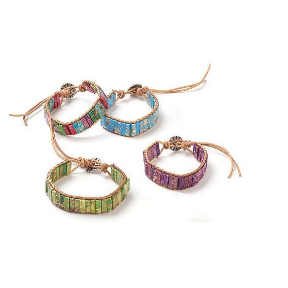 Bracelets perlés en cordon de jaspe avec régalite naturelle / jaspe impérial / sédiment marin, avec cordon en cuir et fermoirs en alliage, teint, fleur, argent antique