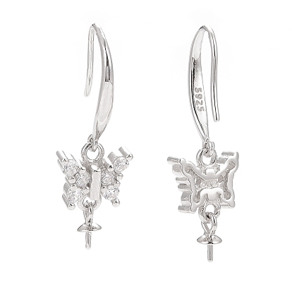 925 Sterling Silver Earring Hooks, with Clear Cubic Zirconia, Butterfly, for Half Drilled Beads