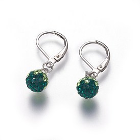 304 Stainless Steel Leverback Dangle Earrings, with Polymer Clay Rhinestone Beads, Round