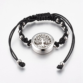 304 Stainless Steel Essential Oil Braided Bead Bracelets, with Waxed Cords, Tree of Life