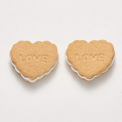 Cabujones decodificados de resina, galletas de comida de imitación, corazón con la palabra amor