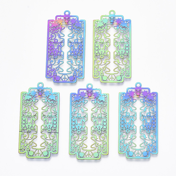 Ion Plating(IP) 201 Stainless Steel Filigree Pendants, Etched Metal Embellishments,  Rectangle with Sugar Skull, For Mexico Holiday Day of The Dead