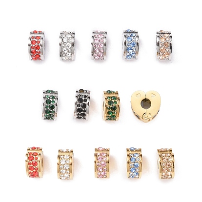 304 Stainless Steel European Clasps, with Rhinestone, Large Hole Beads, Heart