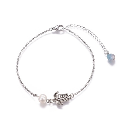 Stainless Steel Link Anklets, with Pearl Beads, Natural Aquamarine Beads and Alloy Findings, Sea Turtle