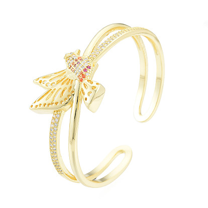 Bracelet manchette ouvert oiseau zircon cubique, véritable 18k bracelet croisé en laiton plaqué or pour femme