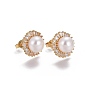 Brass Micro Pave Cubic Zirconia Stud Earrings, with Pearl, Golden