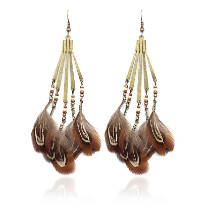 Retro Metal Bead Feather Pendant Earrings with European and American Exaggerated Tassels