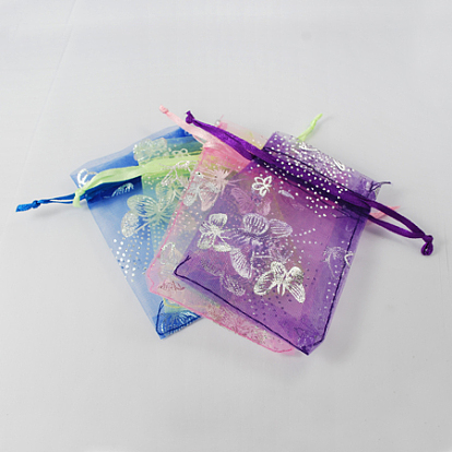 Rectangle with Butterfly Organza Gift Bags, Jewelry Packing Drawable Pouches, with Vacuum Packing, 7x9cm