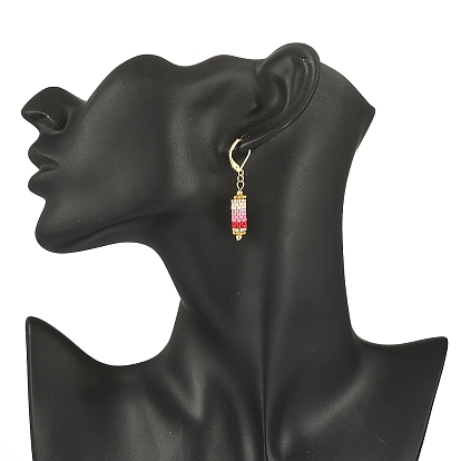 Glass Seed Braided Column Dangle Leverback Earrings, Golden 304 Stainless Steel Jewelry for Women