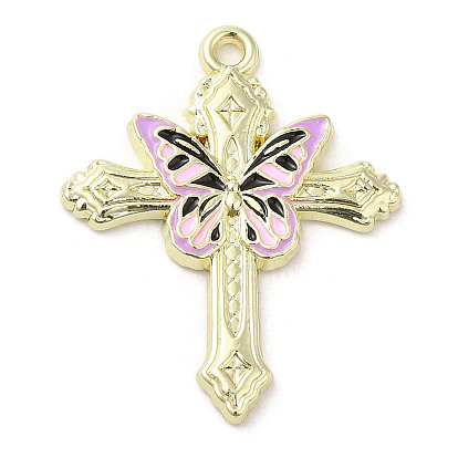 Pendentifs en émail d'alliage plaqué or léger, croix avec breloque papillon