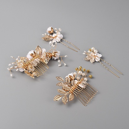 Ensemble de fourchettes et de peignes à cheveux en alliage de strass pour mariage, avec abs en plastique imitation perle, accessoires de cheveux pour femmes, fleurs et feuilles