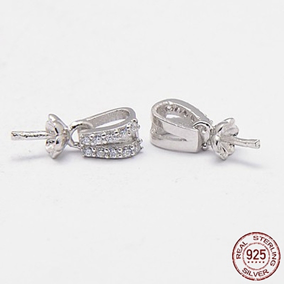 925 Sterling Silver Cup Pearl Bail Pin Pendants, For Half Drilled Beads, with Micro Pave Cubic Zirconia, for Half Drilled Beads, Drop, 16x4x4mm, Hole: 6x2mm, Pin: 0.9mm