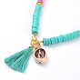 Handmade Polymer Clay Heishi Beads Necklaces, with Cotton Thread Tassel Pendants and Natural Cowrie Shell Pendants