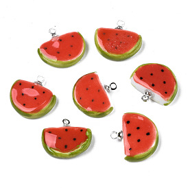 Handmade Porcelain Pendants, with Platinum Plated Brass Findings, Famille Rose Style, Watermelon