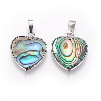 Abalone Shell/Paua Shell Pendants, with Brass Findings, Heart