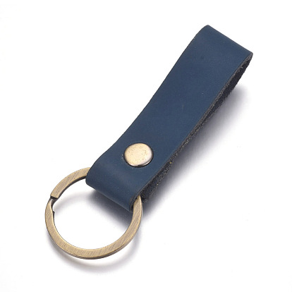 Cowhide Leather Keychain, with Antique Bronze Plated Alloy Key Rings