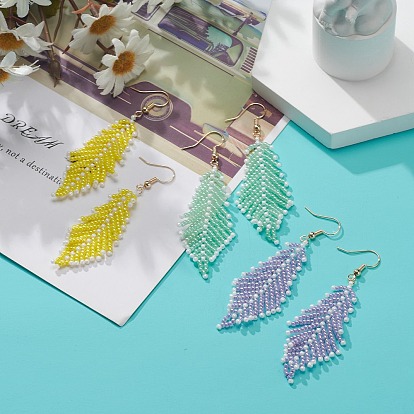 Japanese Seed Braided Feather Dangle Earrings, Brass Wire Wrap Long Drop Earrings for Women