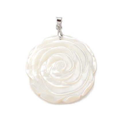 Pendentifs naturelles de coquillages blancs, fleur rose charmes, avec bouton pression en laiton, sans cadmium et sans plomb