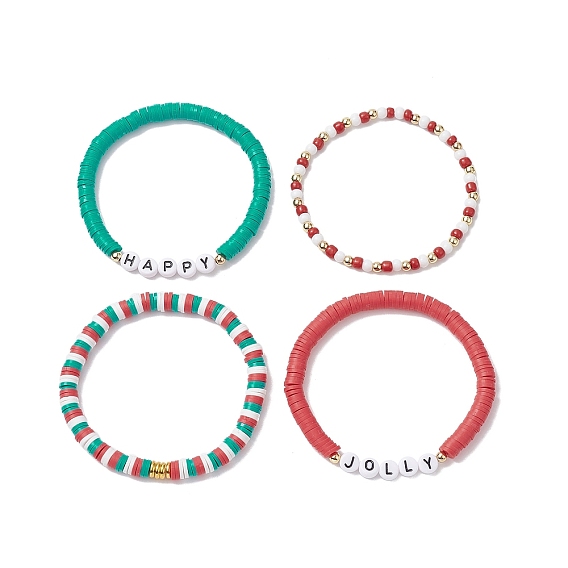 4 pcs 4 ensemble de bracelets extensibles heishi surfeur en argile polymère de style, bracelets preppy mot acrylique pour noël