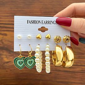5 Pairs Creative Acrylic Hoop Earrings with Green Oil Drip Heart Pendant and C-shaped Metal Ear Hooks for Women