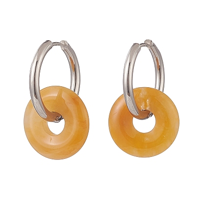 Natural Gemstone Pi Disc/Donut Dangle Hoop Earrings, 304 Stainless Steel Jewelry for Women