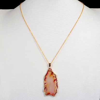 Golden Tone Natural Agate Pendant Necklaces, with Brass Cable Chains and Spring Ring Clasps, 18 inch 