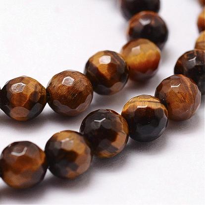 Natural Tiger Eye Beads Strands, Grade A, Faceted, Round