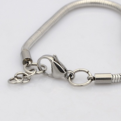 304 Stainless Steel European Style Round Snake Chains Bracelets, with Lobster Claw Clasps, 145x3mm