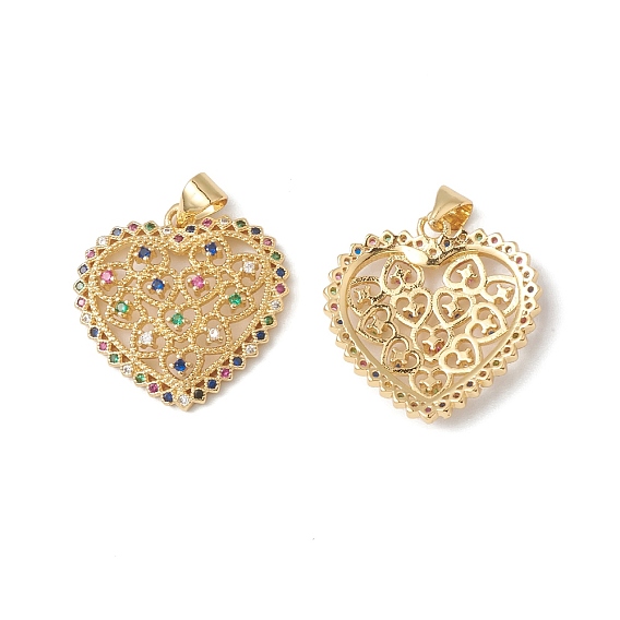 Rack Plating Brass Pendants, with Colorful Cubic Zirconia, Hollow Heart Charm, Cadmium Free & Lead Free, Long-Lasting Plated