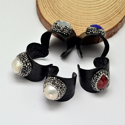 Snakeskin Imitation Leather Cuff Rings, Open Rings, with Polymer Clay Rhinestone, Shell, Pearl, Gemstone, Jade Beads, 21mm