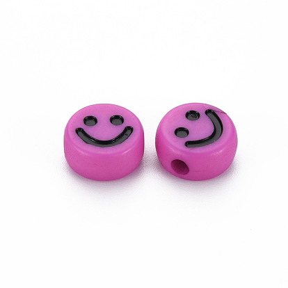 Opaque Acrylic Beads, with Enamel, Flat Round with Smile Face