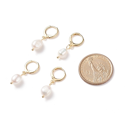 Natural Pearl Dangle Hoop Earrings, Brass Jewelry for Women