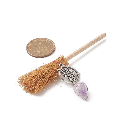 Halloween bois mini balai sorcières balai paille balai décorations pour la maison, avec des perles de pierres précieuses naturelles brutes et des pendentifs en alliage