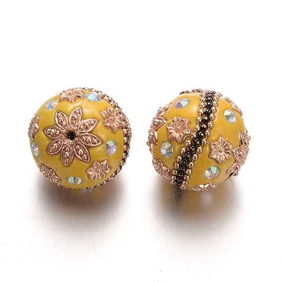 Perles rondes indonésiennes manuelles, avec des strass et des accessoires en alliage plaqué or, 24mm, Trou: 2mm