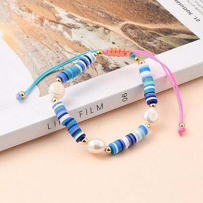 Nylon réglable bracelets cordon tressé de perles, avec des perles heishi en pâte polymère, perles de perles baroques naturelles et perles en laiton