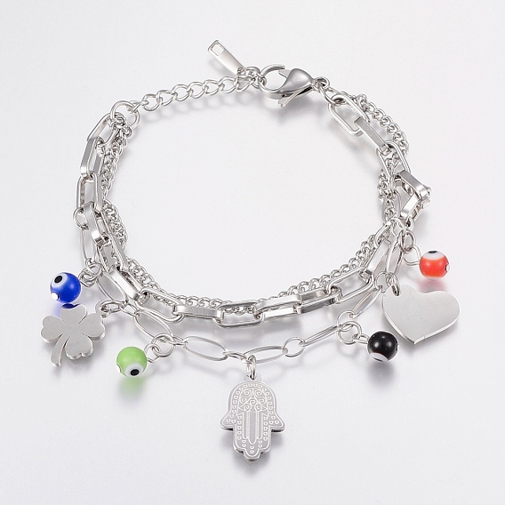 304 Stainless Steel Charm Multi-strand Bracelets, with Lampwork Evil Eye Beads, Heart, Clover and Hamsa Hand/Hand of Fatima/Hand of Miriam