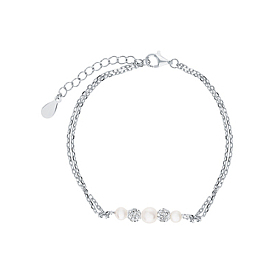 Rhodium Plated 925 Sterling Silver Imitation Pearl Beads Link Bracelets, Cable Chains Bracelets for Women