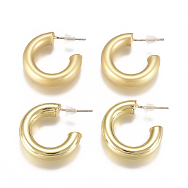 Brass Stud Earrings, Half Hoop Earrings, with Plastic Ear Nut, Long-Lasting Plated